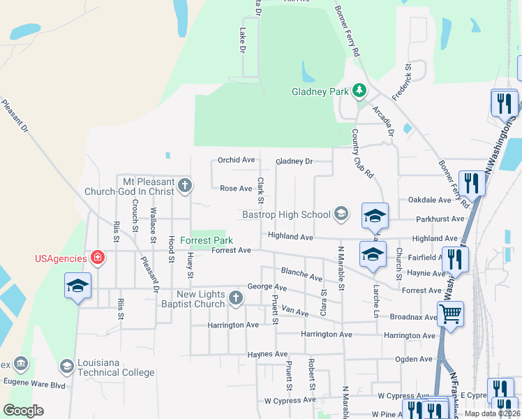 map of restaurants, bars, coffee shops, grocery stores, and more near 1000 Crepe Myrtle Avenue in Bastrop