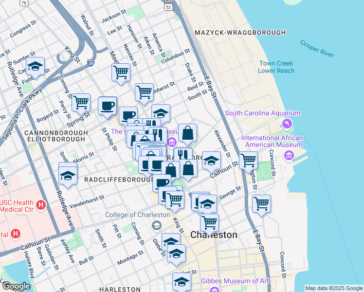 map of restaurants, bars, coffee shops, grocery stores, and more near 10 John Street in Charleston