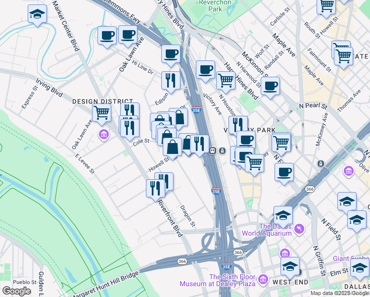 map of restaurants, bars, coffee shops, grocery stores, and more near 1025 North Stemmons Freeway in Dallas