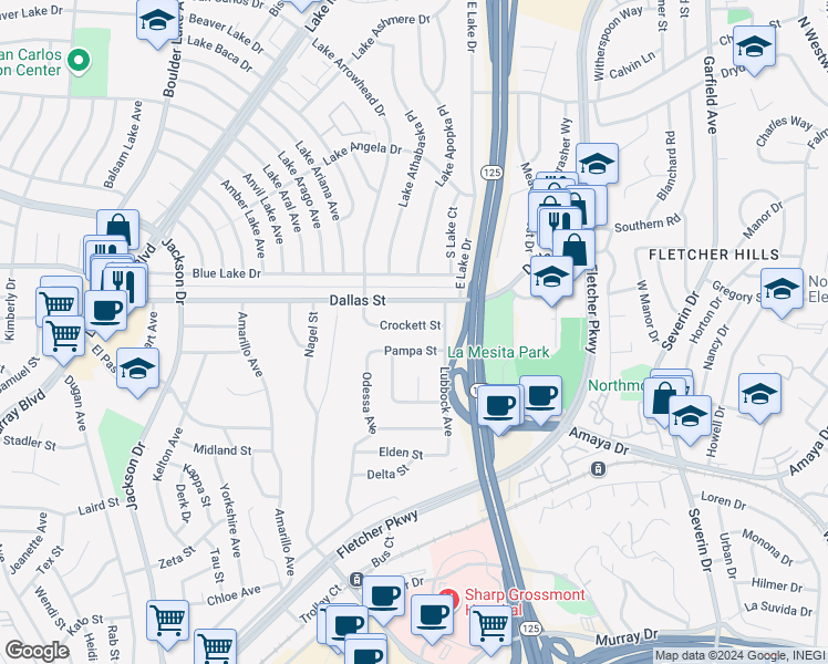 map of restaurants, bars, coffee shops, grocery stores, and more near 8755 Crockett Street in La Mesa