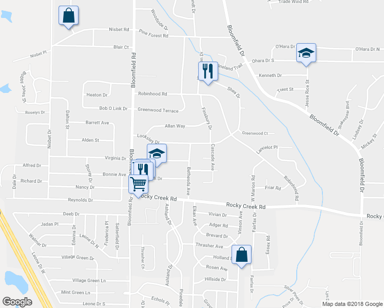 map of restaurants, bars, coffee shops, grocery stores, and more near 5464 Bethesda Avenue in Macon