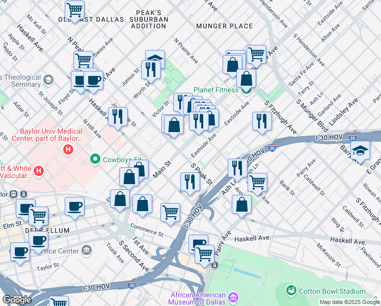 map of restaurants, bars, coffee shops, grocery stores, and more near 4311 Eastside Avenue in Dallas