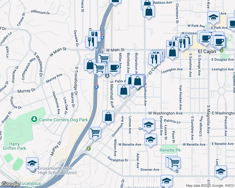 map of restaurants, bars, coffee shops, grocery stores, and more near 578 Millar Avenue in El Cajon