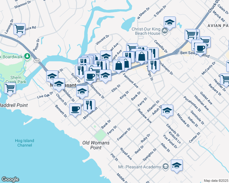 map of restaurants, bars, coffee shops, grocery stores, and more near 633 Ellis Street in Mount Pleasant