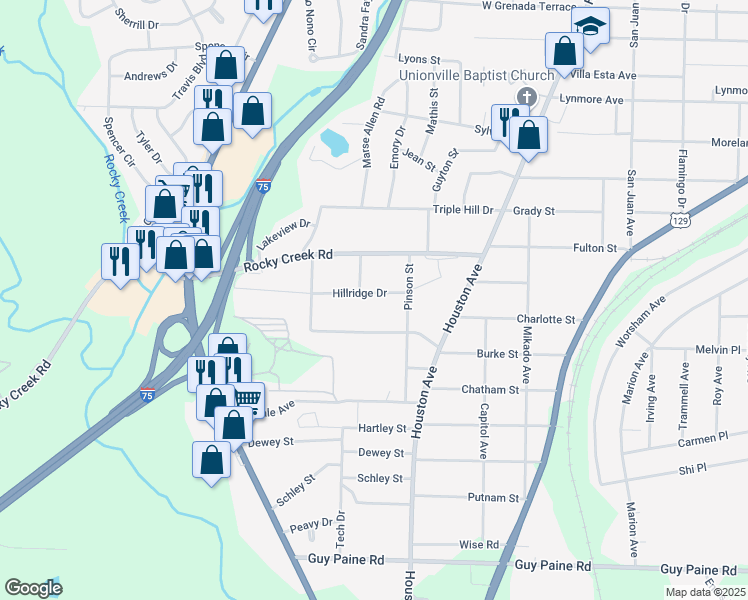 map of restaurants, bars, coffee shops, grocery stores, and more near 1240 Hillridge Drive in Macon