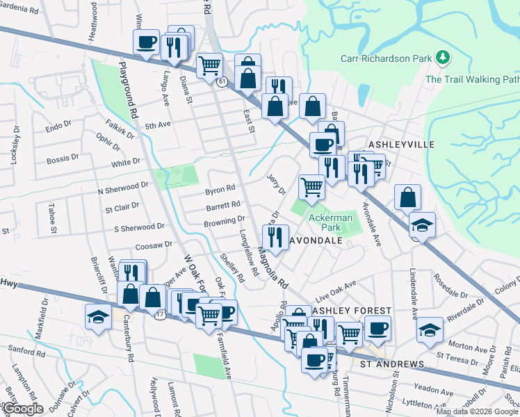 map of restaurants, bars, coffee shops, grocery stores, and more near 13 Paula Drive in Charleston