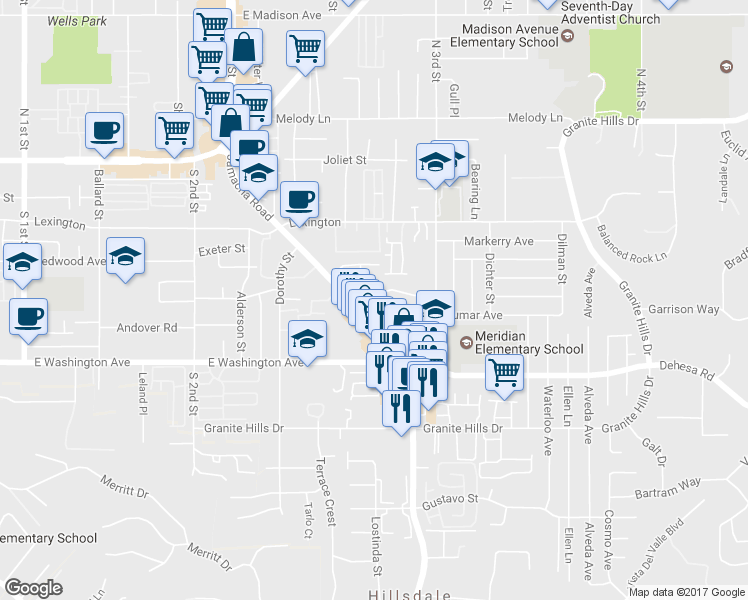 map of restaurants, bars, coffee shops, grocery stores, and more near 558 Brighthaven Avenue in El Cajon