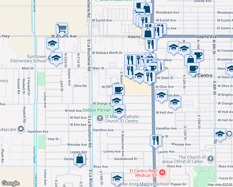 map of restaurants, bars, coffee shops, grocery stores, and more near 1720 West Brighton Avenue in El Centro
