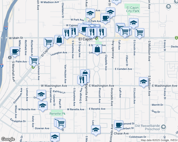 map of restaurants, bars, coffee shops, grocery stores, and more near in El Cajon