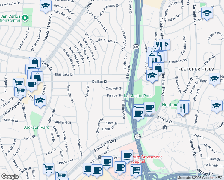 map of restaurants, bars, coffee shops, grocery stores, and more near 8755 Crockett Street in La Mesa