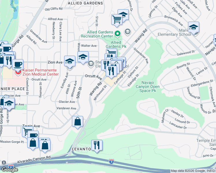 map of restaurants, bars, coffee shops, grocery stores, and more near 6472 Birchwood Street in San Diego