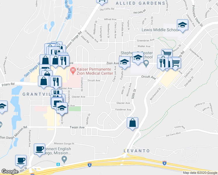 map of restaurants, bars, coffee shops, grocery stores, and more near 6412 Clara Lee Avenue in San Diego