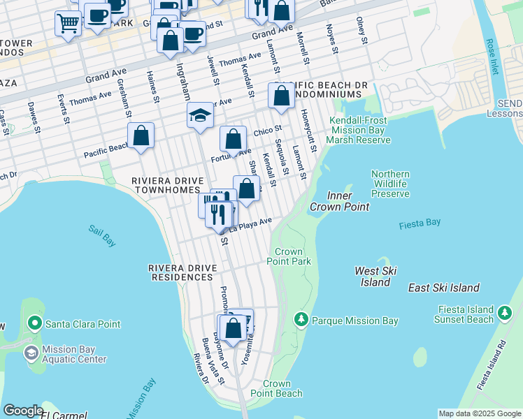 map of restaurants, bars, coffee shops, grocery stores, and more near 3880 Shasta Street in San Diego