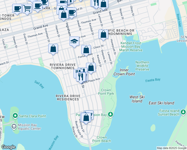 map of restaurants, bars, coffee shops, grocery stores, and more near 3880 Shasta Street in San Diego