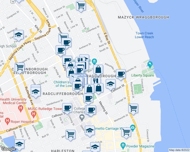 map of restaurants, bars, coffee shops, grocery stores, and more near 10 John Street in Charleston
