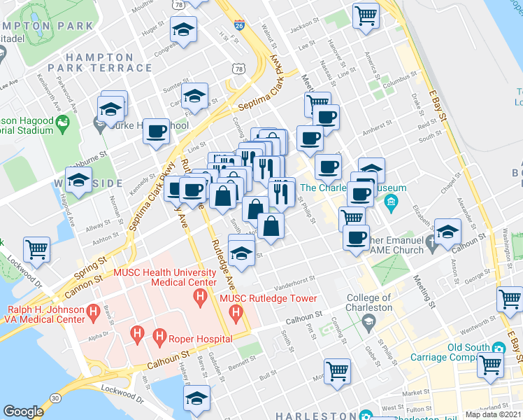 map of restaurants, bars, coffee shops, grocery stores, and more near in Charleston