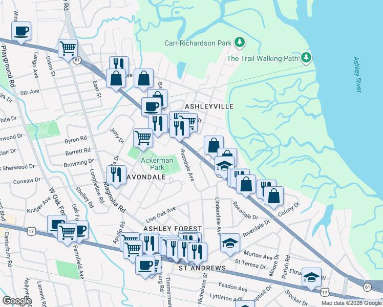 map of restaurants, bars, coffee shops, grocery stores, and more near 801 Saint Andrews Boulevard in Charleston