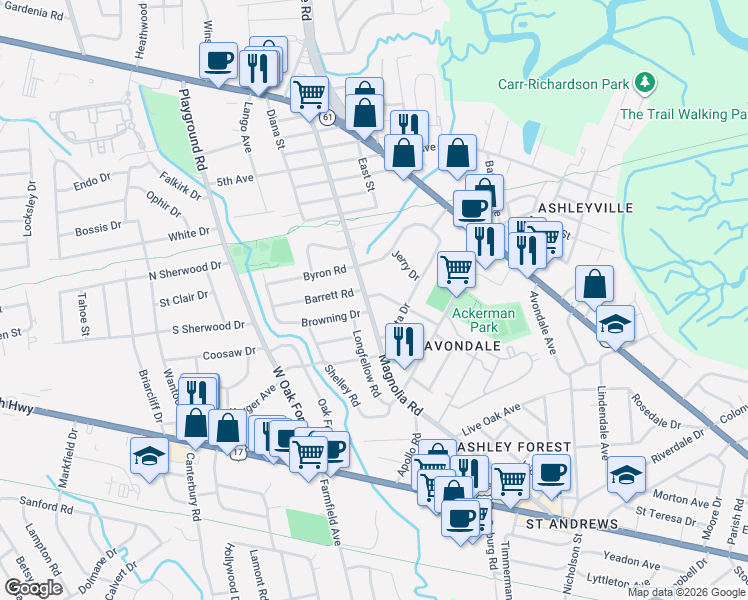 map of restaurants, bars, coffee shops, grocery stores, and more near 13 Paula Drive in Charleston