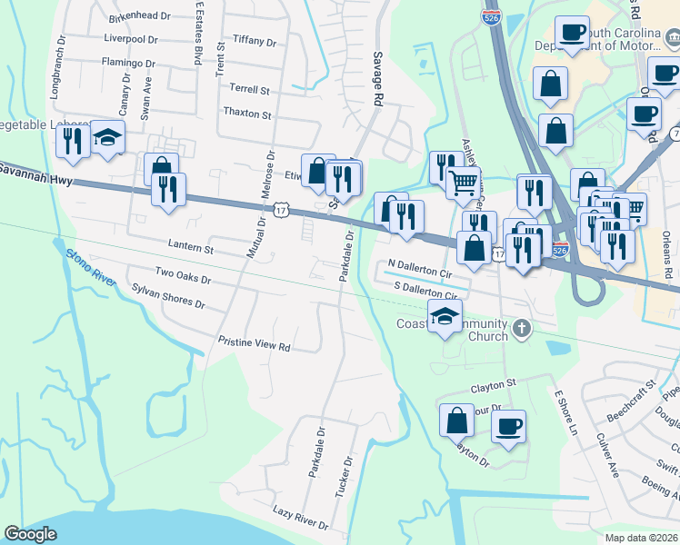 map of restaurants, bars, coffee shops, grocery stores, and more near 519 Applebee Way in Charleston