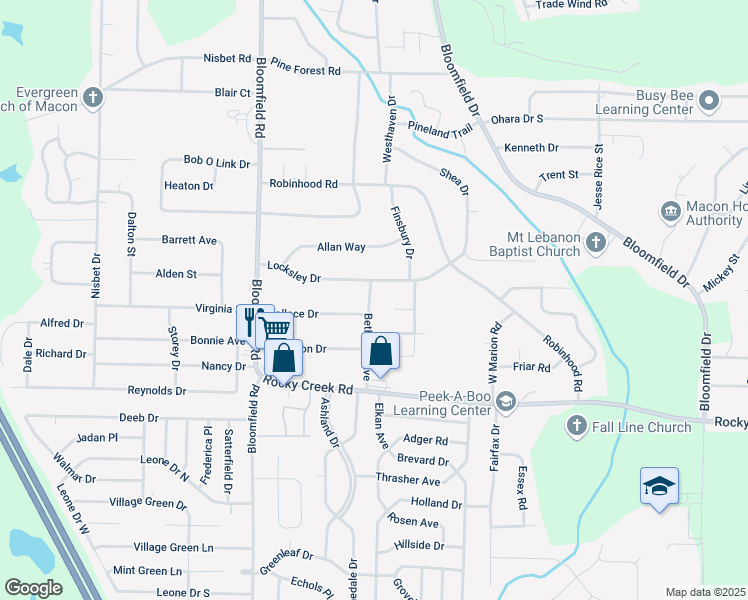 map of restaurants, bars, coffee shops, grocery stores, and more near 5464 Bethesda Avenue in Macon