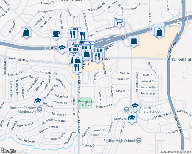 map of restaurants, bars, coffee shops, grocery stores, and more near 6310-6324 Symphony Lane in Dallas