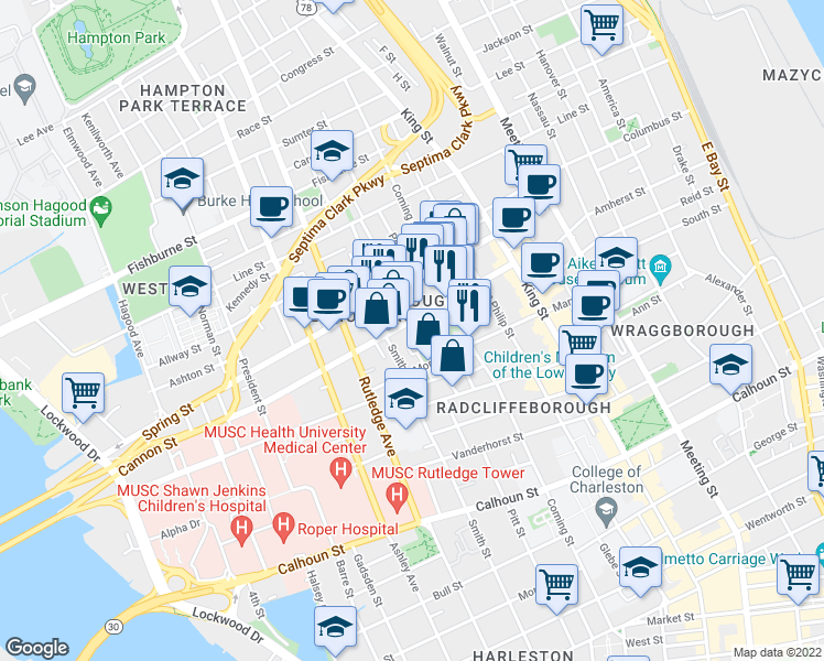 map of restaurants, bars, coffee shops, grocery stores, and more near 65 Cannon Street in Charleston