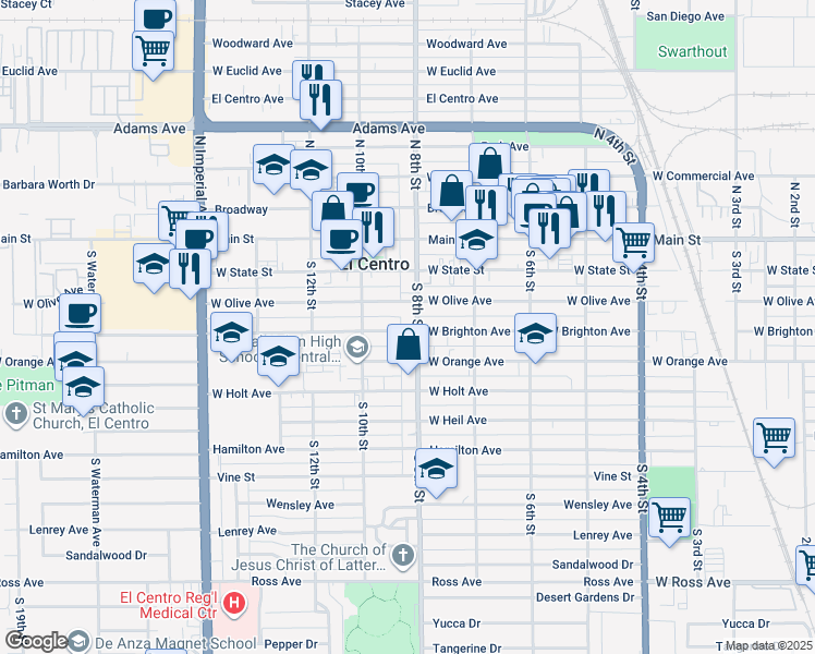 map of restaurants, bars, coffee shops, grocery stores, and more near 810 West Brighton Avenue in El Centro