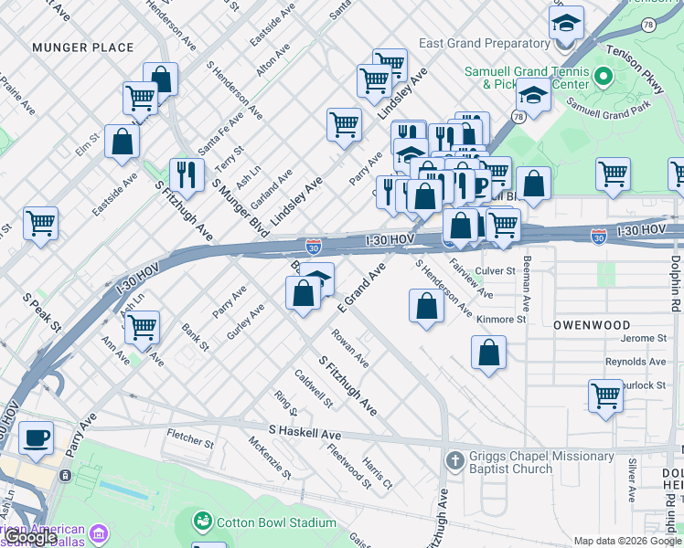 map of restaurants, bars, coffee shops, grocery stores, and more near 5106 Philip Avenue in Dallas
