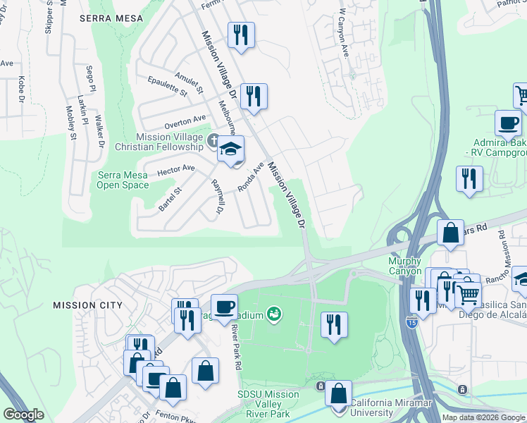 map of restaurants, bars, coffee shops, grocery stores, and more near 2460 Mammoth Drive in San Diego