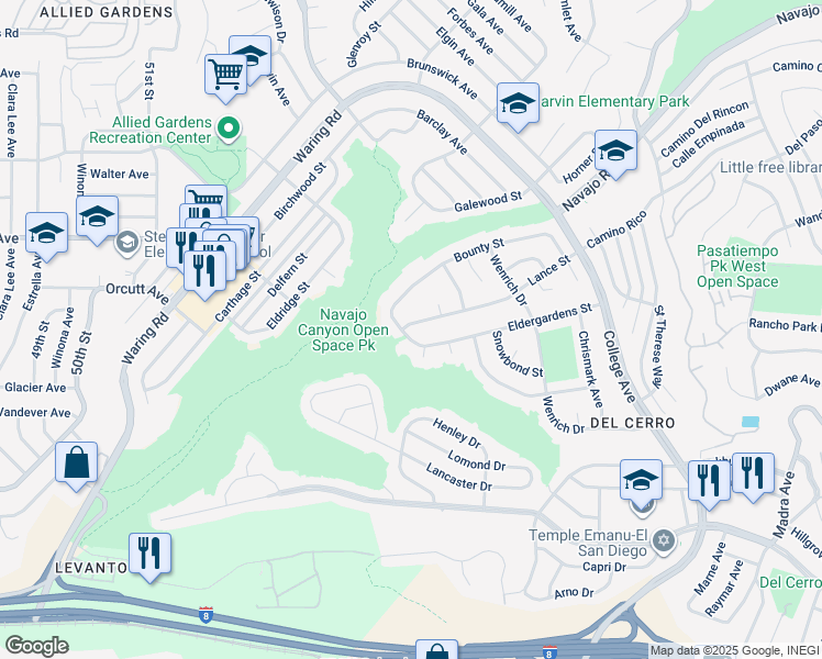 map of restaurants, bars, coffee shops, grocery stores, and more near 5701 Lance Street in San Diego