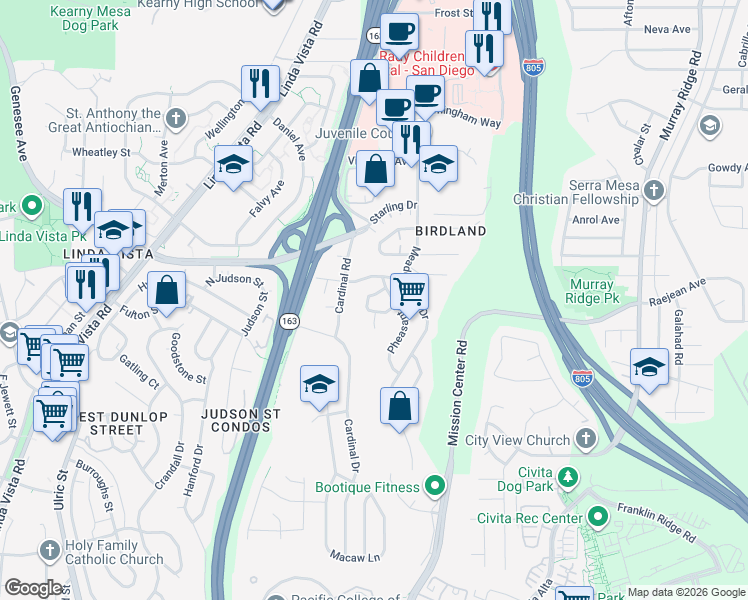 map of restaurants, bars, coffee shops, grocery stores, and more near Tern Drive in San Diego