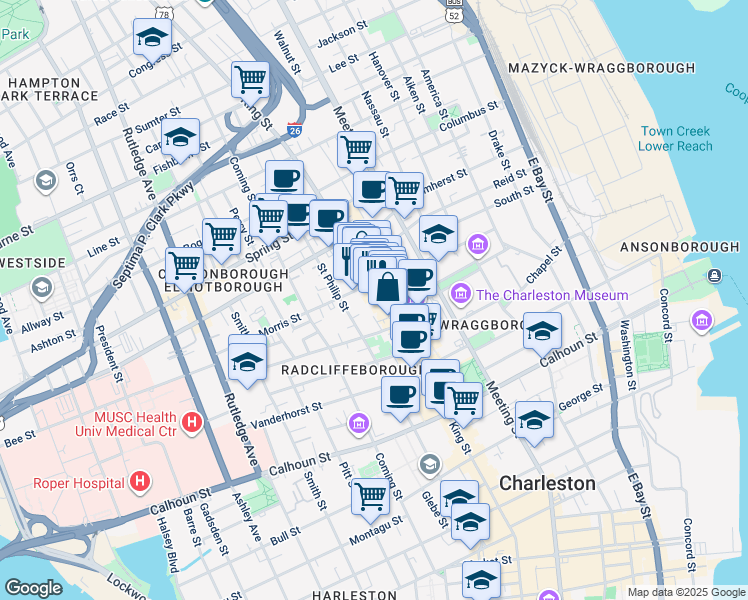 map of restaurants, bars, coffee shops, grocery stores, and more near 499 King Street in Charleston