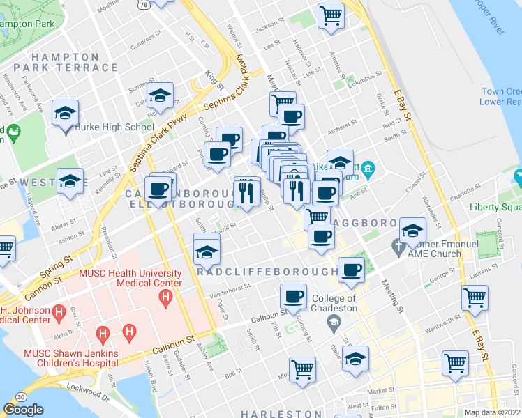 map of restaurants, bars, coffee shops, grocery stores, and more near 10 Morris Street in Charleston