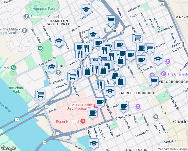 map of restaurants, bars, coffee shops, grocery stores, and more near 229 Rutledge Avenue in Charleston
