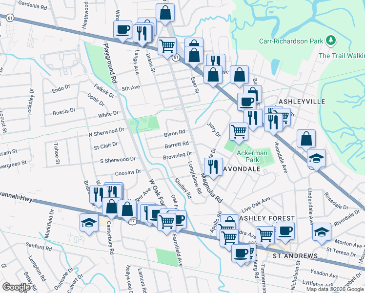 map of restaurants, bars, coffee shops, grocery stores, and more near 1115 Barrett Road in Charleston