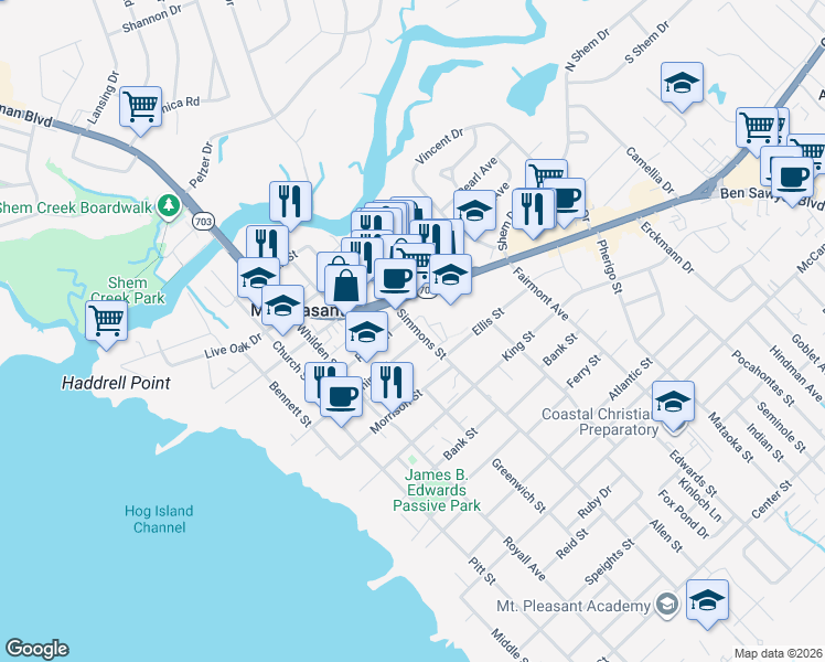 map of restaurants, bars, coffee shops, grocery stores, and more near 425 Simmons Street in Mount Pleasant