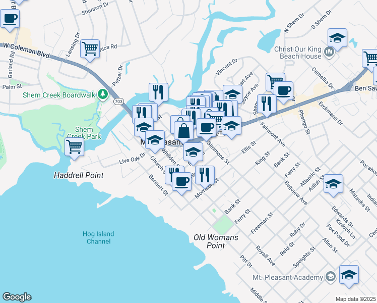 map of restaurants, bars, coffee shops, grocery stores, and more near 115 Elizabeth Street in Mount Pleasant