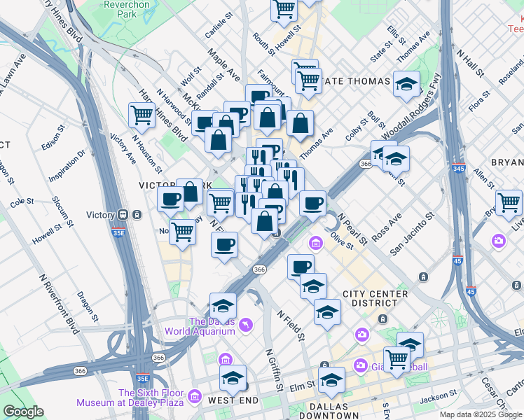 map of restaurants, bars, coffee shops, grocery stores, and more near 1919 McKinney Avenue in Dallas
