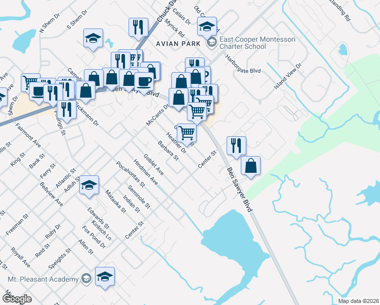 map of restaurants, bars, coffee shops, grocery stores, and more near 1448 Heather Drive in Mount Pleasant
