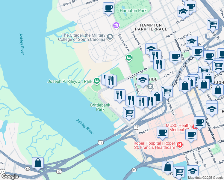 map of restaurants, bars, coffee shops, grocery stores, and more near 1600 Westedge Street in Charleston