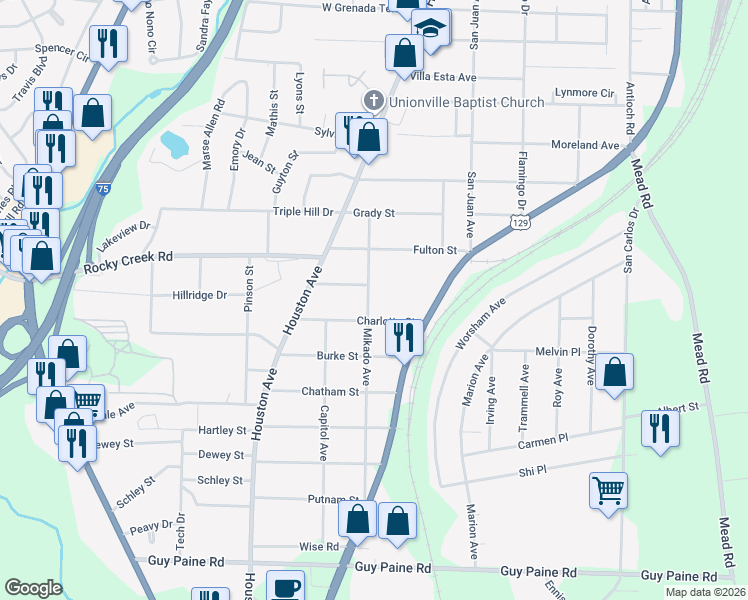 map of restaurants, bars, coffee shops, grocery stores, and more near 4172 Mikado Avenue in Macon