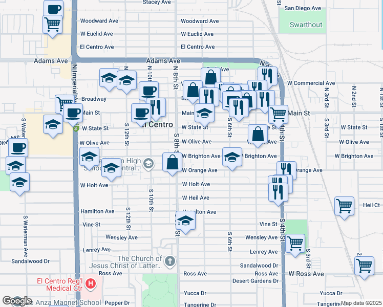 map of restaurants, bars, coffee shops, grocery stores, and more near 752 West Brighton Avenue in El Centro
