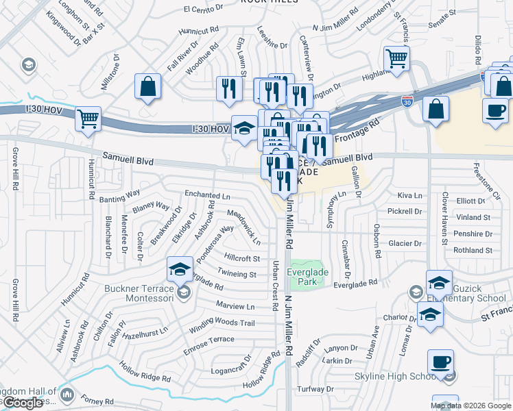 map of restaurants, bars, coffee shops, grocery stores, and more near 5735 Enchanted Lane in Dallas