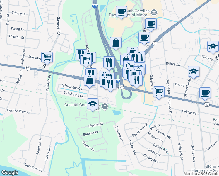 map of restaurants, bars, coffee shops, grocery stores, and more near 2065 Savannah Highway in Charleston