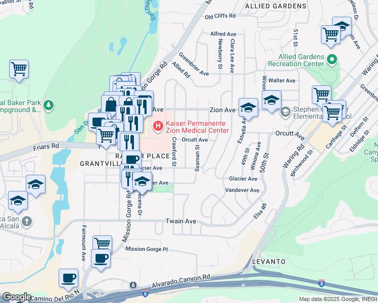 map of restaurants, bars, coffee shops, grocery stores, and more near 6419 Burgundy Street in San Diego