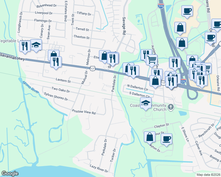 map of restaurants, bars, coffee shops, grocery stores, and more near 519 Applebee Way in Charleston