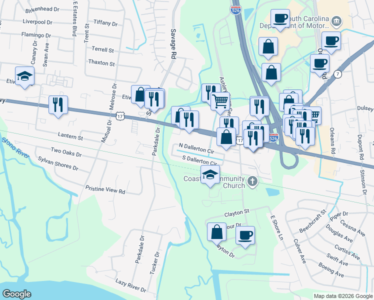 map of restaurants, bars, coffee shops, grocery stores, and more near 2229 North Dallerton Circle in Charleston
