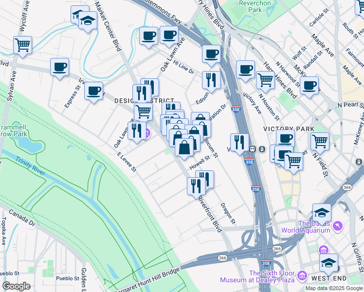 map of restaurants, bars, coffee shops, grocery stores, and more near 1319 Dragon Street in Dallas