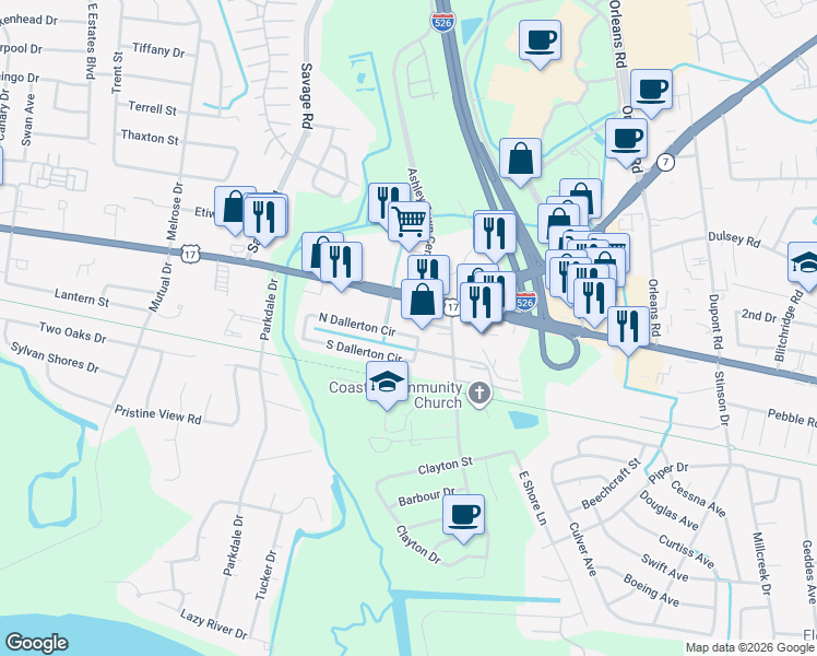 map of restaurants, bars, coffee shops, grocery stores, and more near 2130 North Dallerton Circle in Charleston