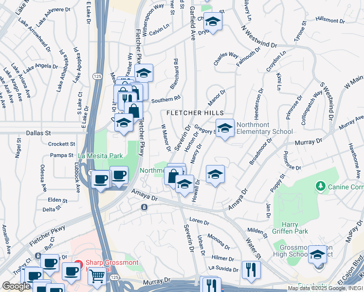 map of restaurants, bars, coffee shops, grocery stores, and more near 6125 Severin Drive in La Mesa